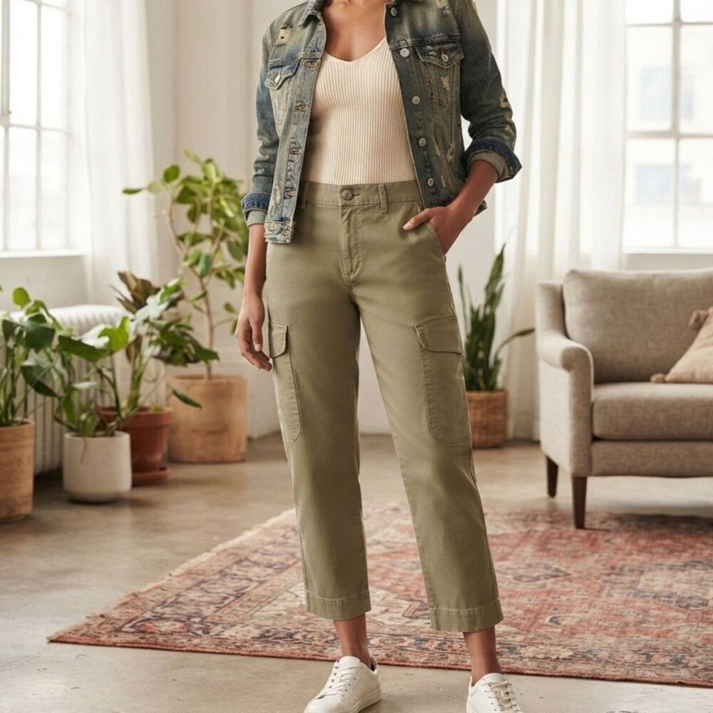 NWT Hunter & Brown Olive Green Cropped Cargo Pants Utility Trousers Sz L Cotton